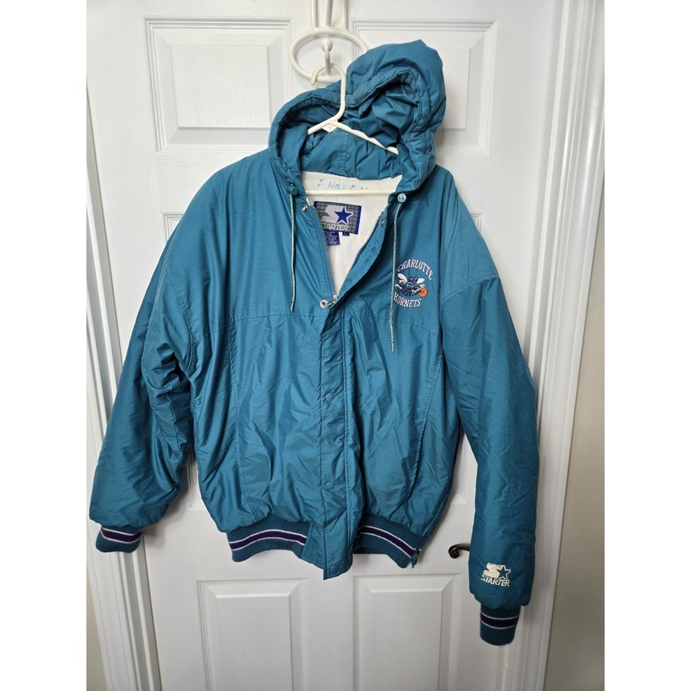 Vintage 90s Charlotte Hornets Starter Jacket Puffer Full Zip Hooded Large